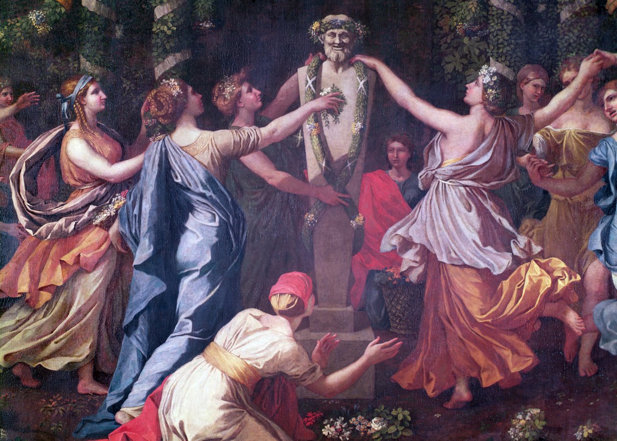 Detalj av Hymenaios förklädd till kvinna under ett offer till Priapus, ca 1634-38 av Nicolas Poussin