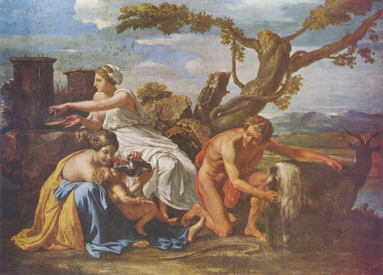 Jupiter als Kind von der Ziege Amalthea genährt av Nicolas Poussin
