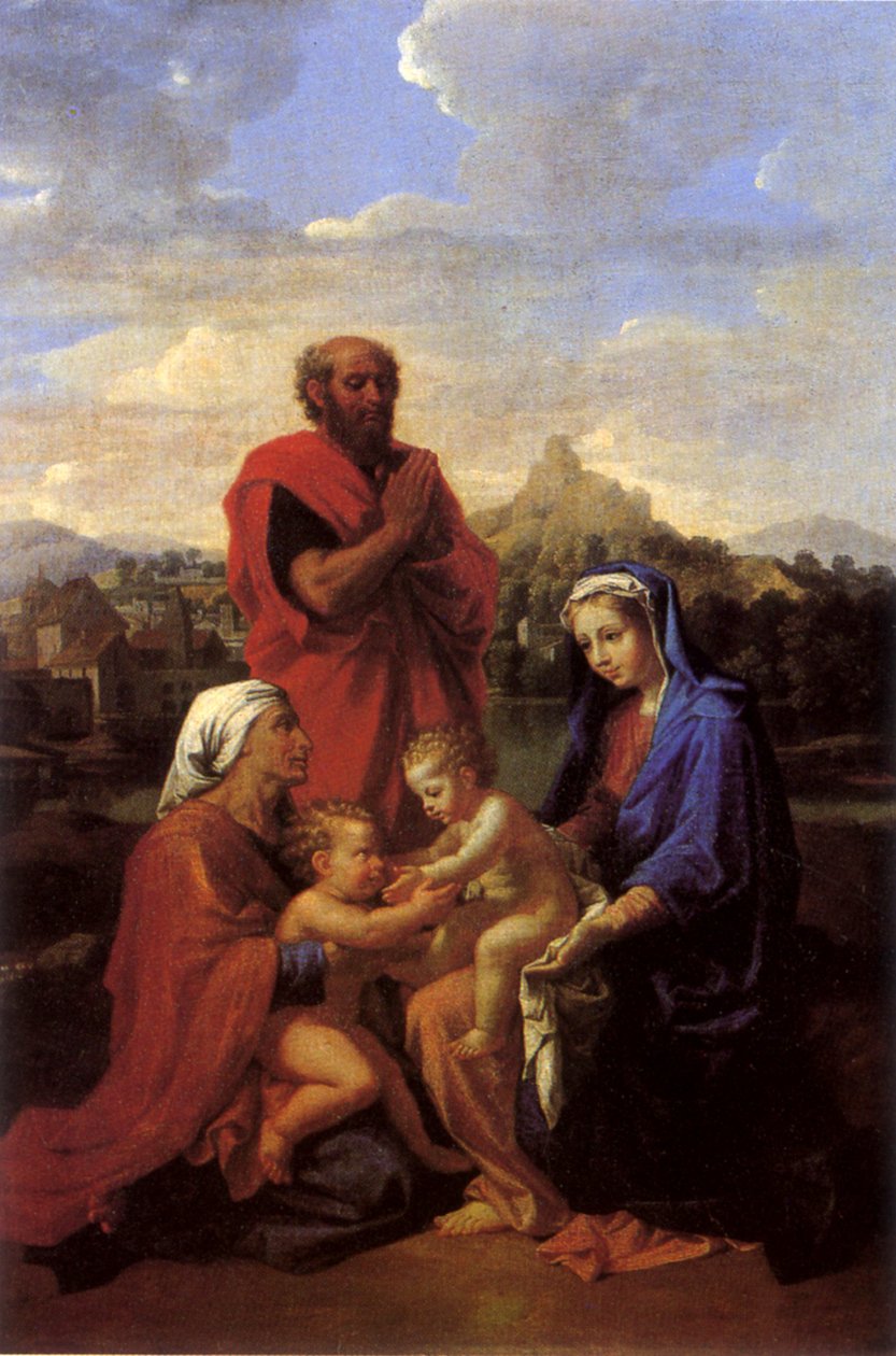 La Sainte Famille avec saint Jean, sainte Elisabeth et saint Joseph priant  av Nicolas Poussin