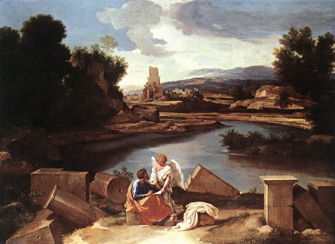 Landscape with St Matthew and the Angel av Nicolas Poussin