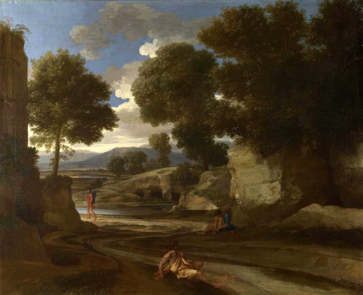 Landskap med resenärer som vilar, ca 1638 av Nicolas Poussin