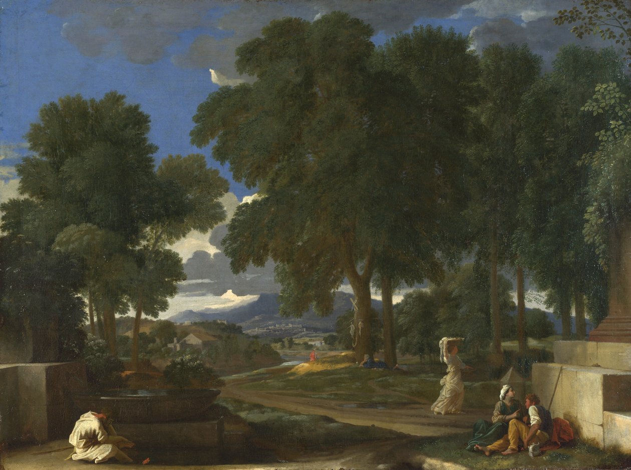 Landskap med en man som tvättar sina fötter vid en fontän, 1648 av Nicolas Poussin