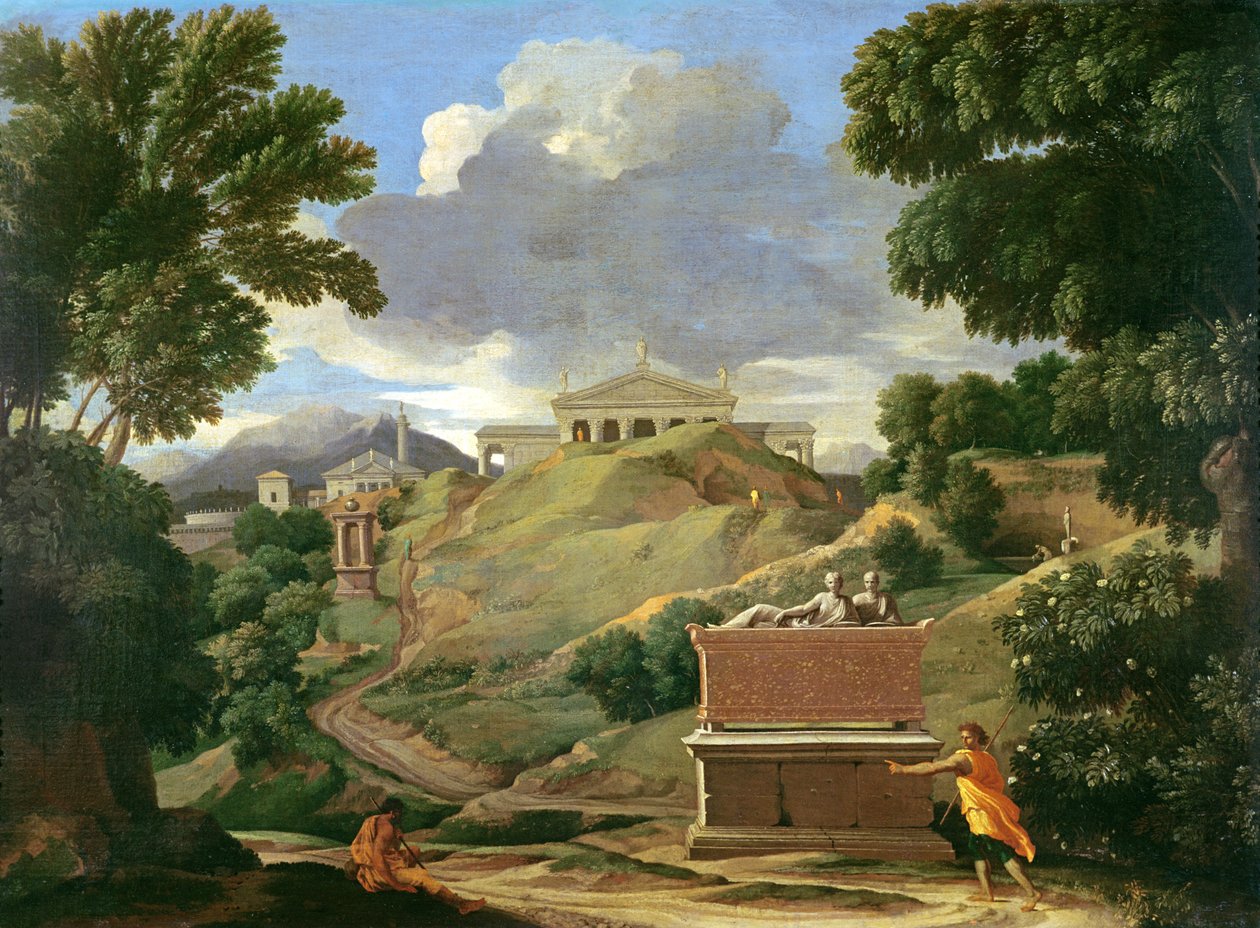 Landskap med klassiska ruiner och etruskisk sarkofag, c.1634 av Nicolas Poussin