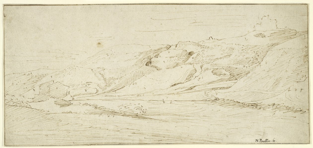 Bergigt landskap med två hus (penna och bläck med tvätt på papper) av Nicolas Poussin