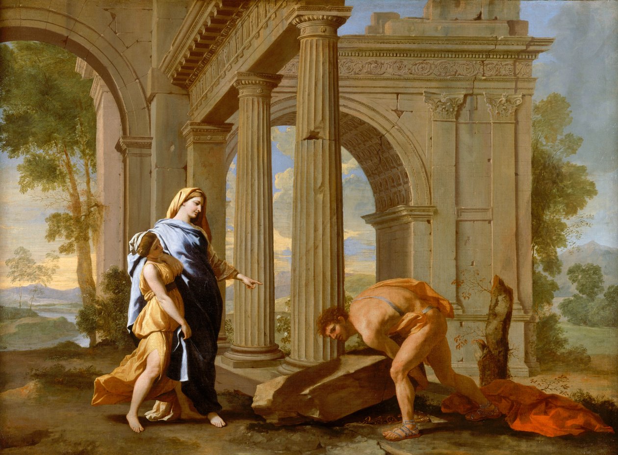 Thésée retrouve l épée de son père av Nicolas Poussin