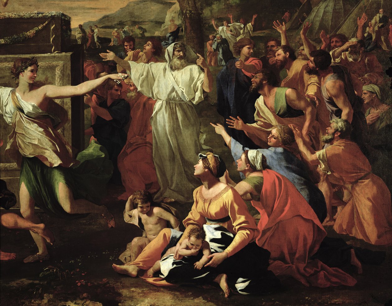 The Adoration of the Golden Calf, före 1634 olja på duk detalj från 3738 av Nicolas Poussin