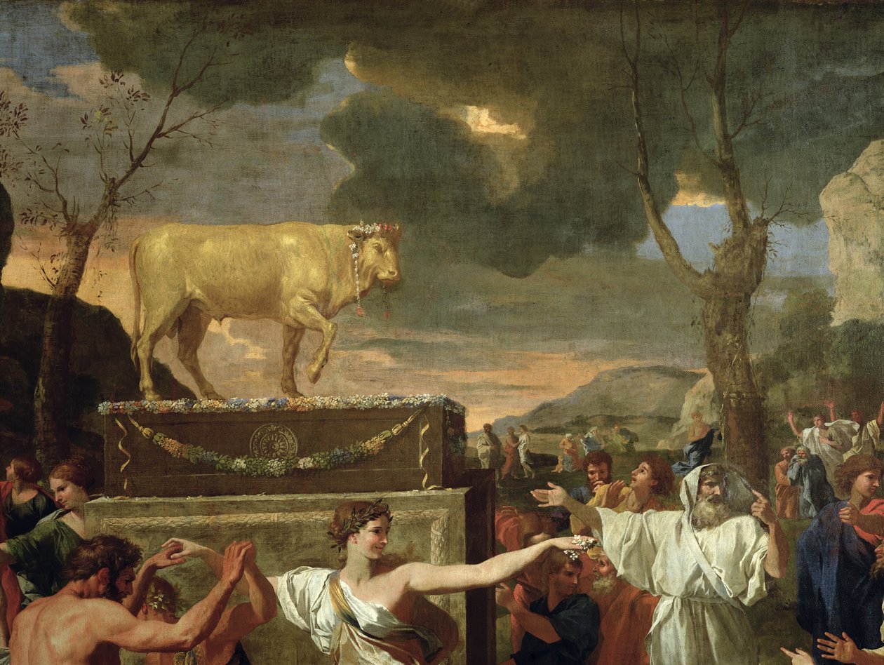 The Adoration of the Golden Calf, före 1634 olja på duk detalj från 3738 av Nicolas Poussin