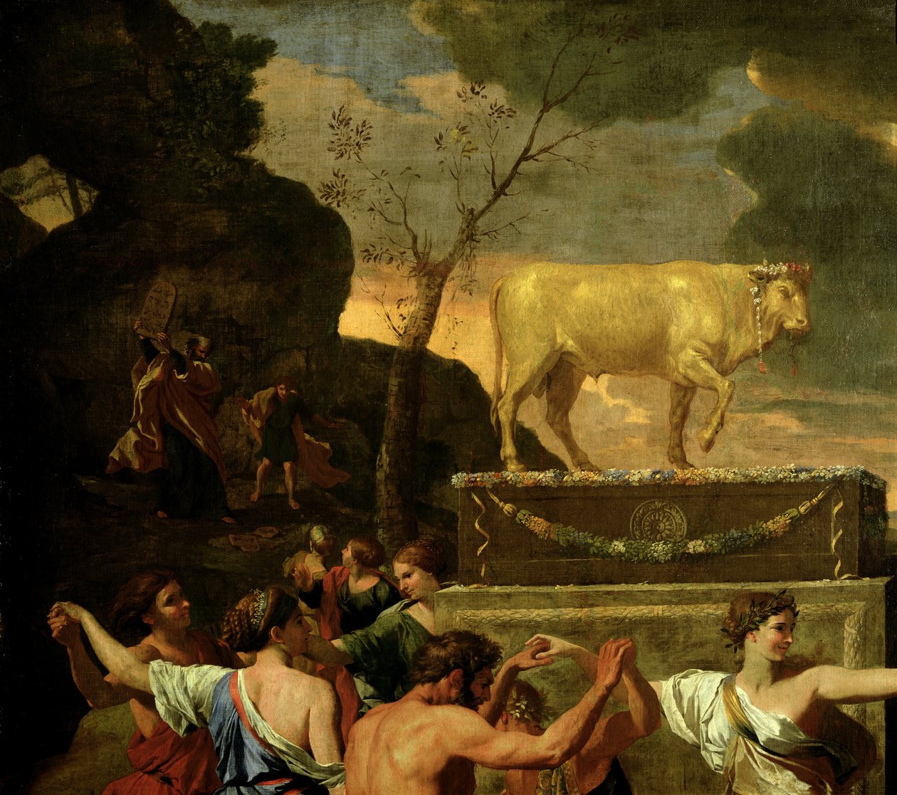 The Adoration of the Golden Calf, före 1634 olja på duk detalj från 3738 av Nicolas Poussin
