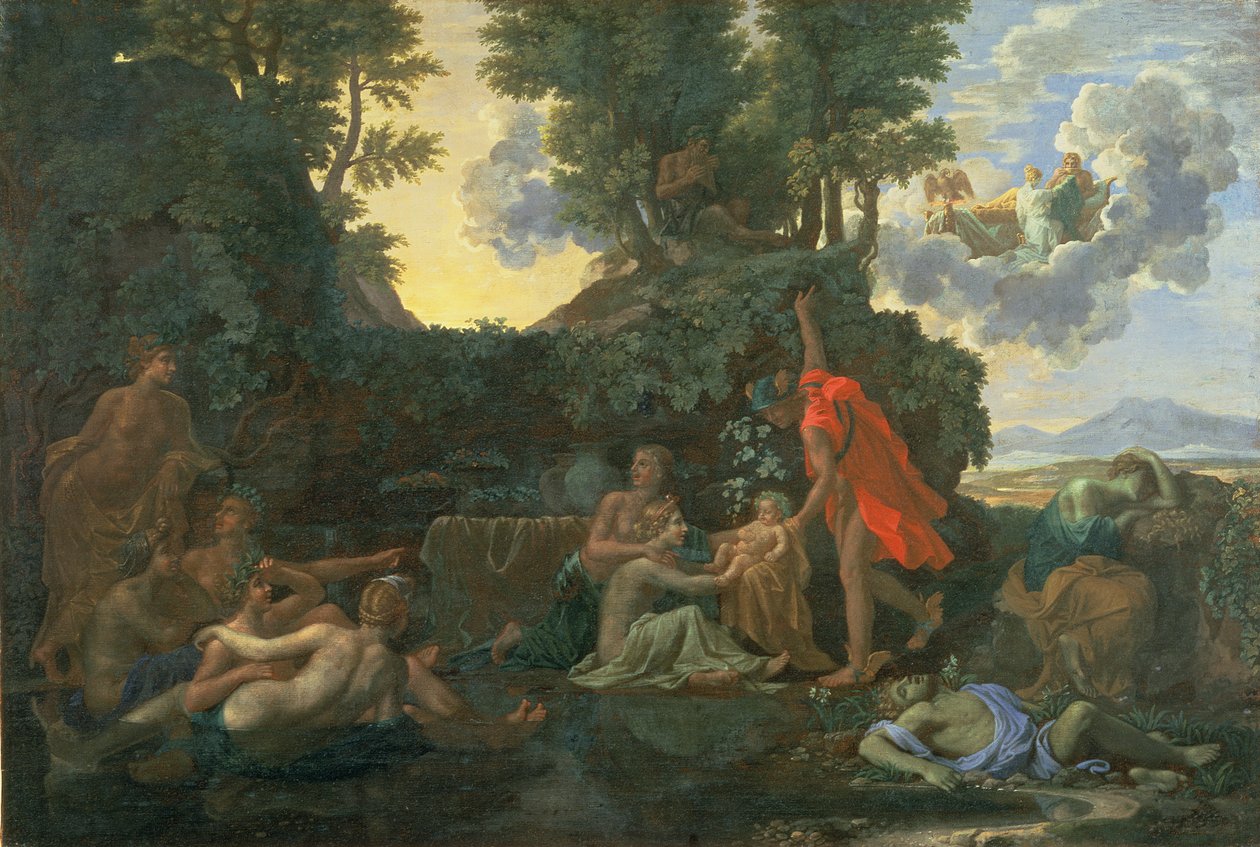 Spädbarnet Bacchus anförtrott åt Nysas nymfer; The Death of Echo and Narcissus, 1657 av Nicolas Poussin