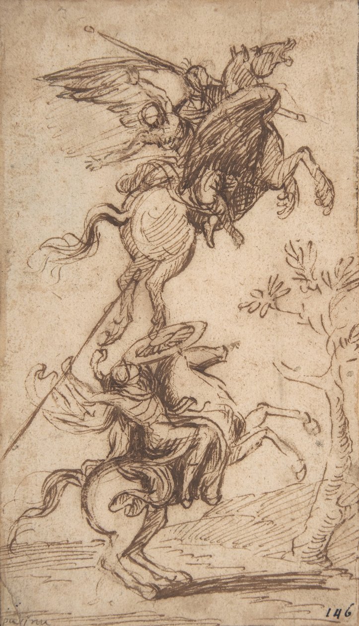 Trollkarlen Atlante som för bort Pinabellos dam (Ariosto, Orlando Furioso, kanto II, 38), ca 1635-38 (penna och brunt bläck) av Nicolas Poussin