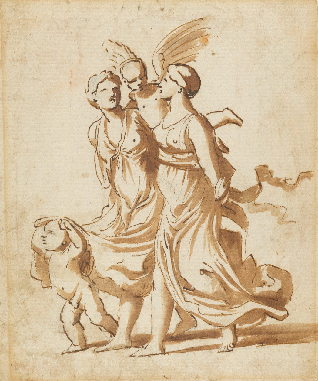 Två flickor åtföljda av Amor, c.1625 av Nicolas Poussin