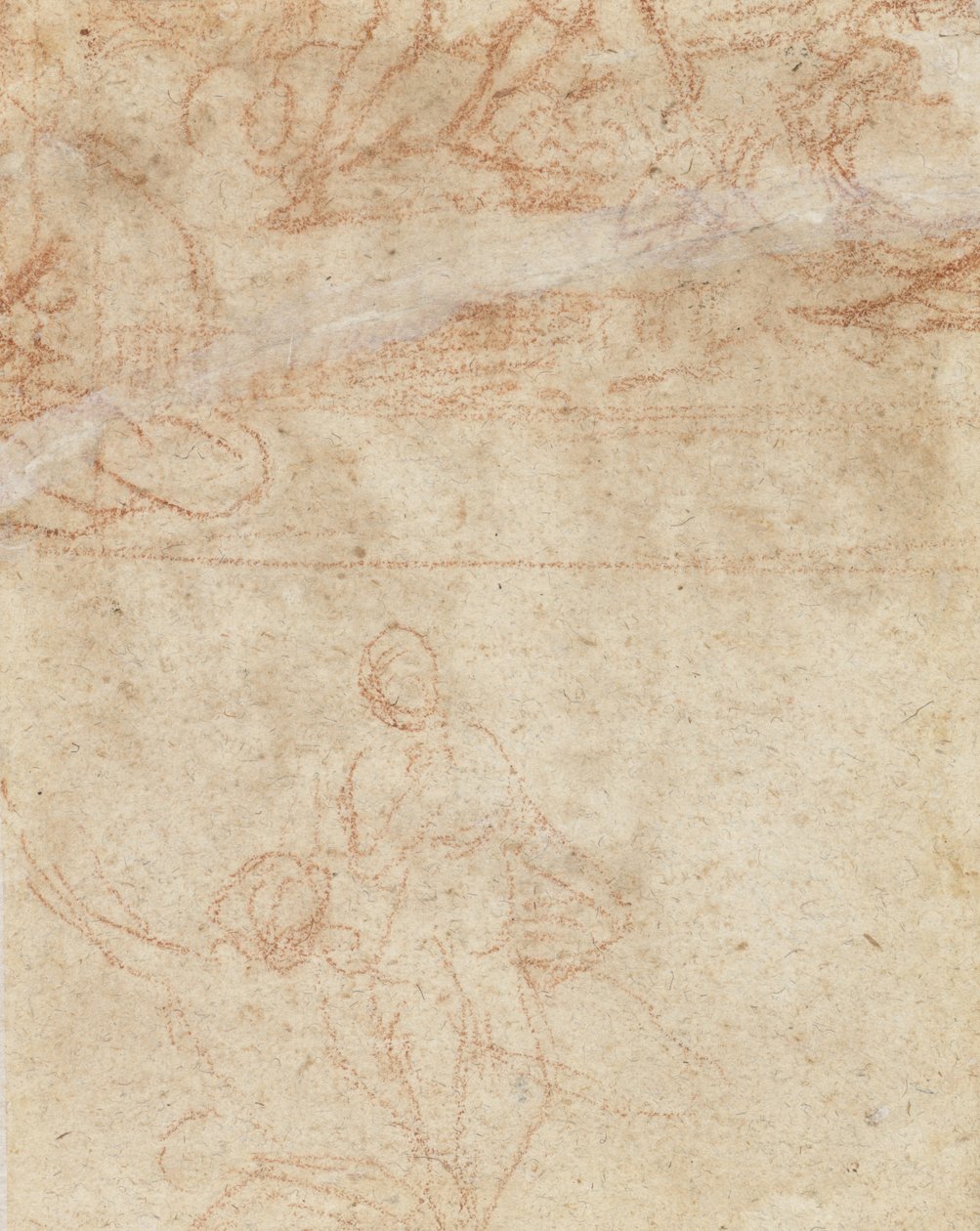 Två grova skisser, en hukande kvinna med en stående figur bredvid sig och en annan figurgrupp (röd krita på papper) av Nicolas Poussin