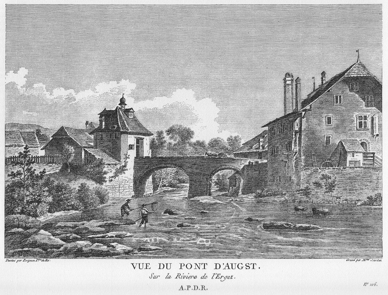 View of the Bridge over the River Ergolz at Augſt. Copper Engraving by Mme. Jourdan after a Drawing by Nicolas Pérignon av Nicolas Pérignon, Mme. Jourdan