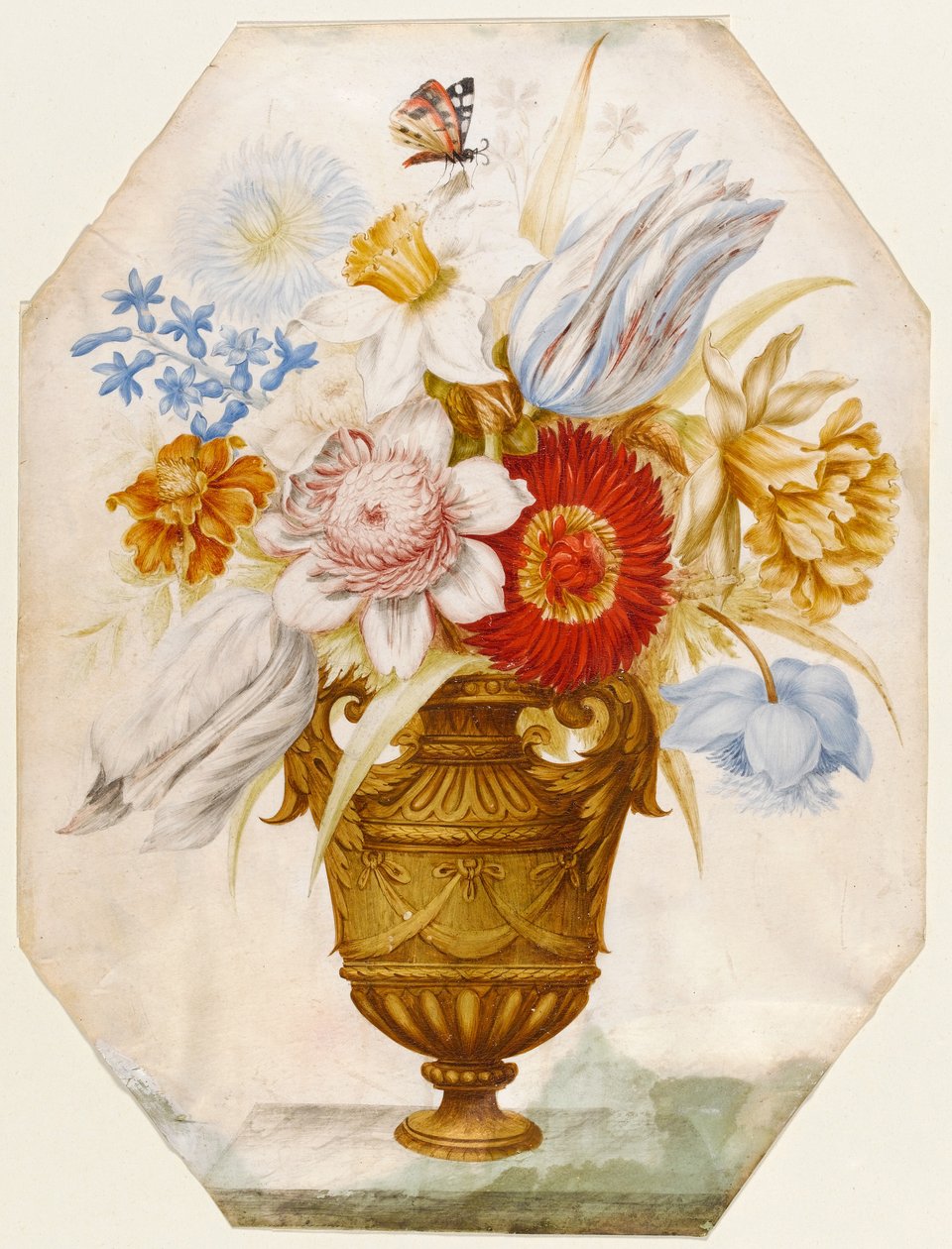 Stilleben av blommor i en vas som står på en avsats med en fjäril vilande på narcisser (wc och gouache på veläng) av Nicolas Robert
