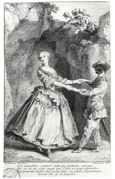 Harlequin and Colombine i en komedi av Louis de Boissy (1694-1758) graverad av Laurent Cars (1699-1771) av Nicolas after Lancret