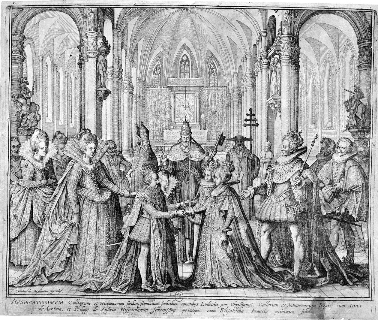 Dubbeläktenskapet 1615 mellan Ludvig XIII (1601-43) med Anne av Österrike (1601-66) och Filip av Österrike (1605-65) framtida Filip IV av Spanien med Elizabeth av Frankrike (1602-44) av Nicolas de Mathoniere