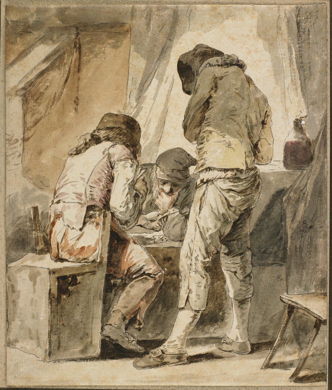 A Difficult Move, ca 1781 (penna och svart bläck, grå och brun tvätt och wc på papper) av Nicolas Bernard Lepicie