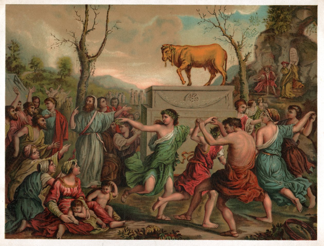 Tillbedjan av den gyllene kalven. (Litografi, cirka 1900) av Nicolas (after) Poussin