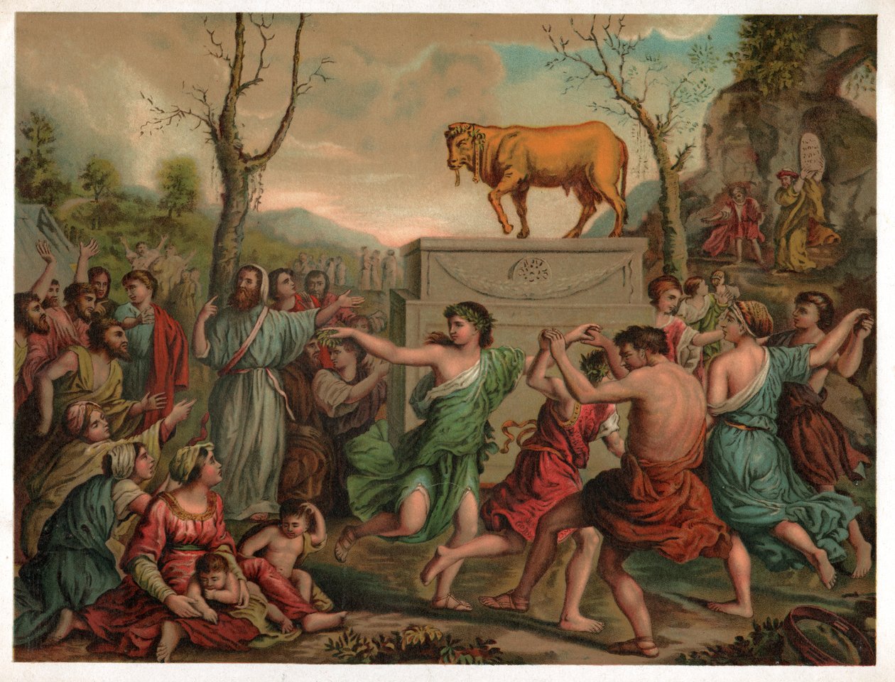 Tillbedjan av den gyllene kalven. cirka 1900 (illustration) av Nicolas (after) Poussin