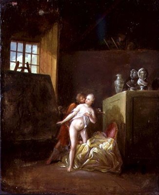 En konstnär och hans modell i en studio av Nicolas (attr. to) Levreince
