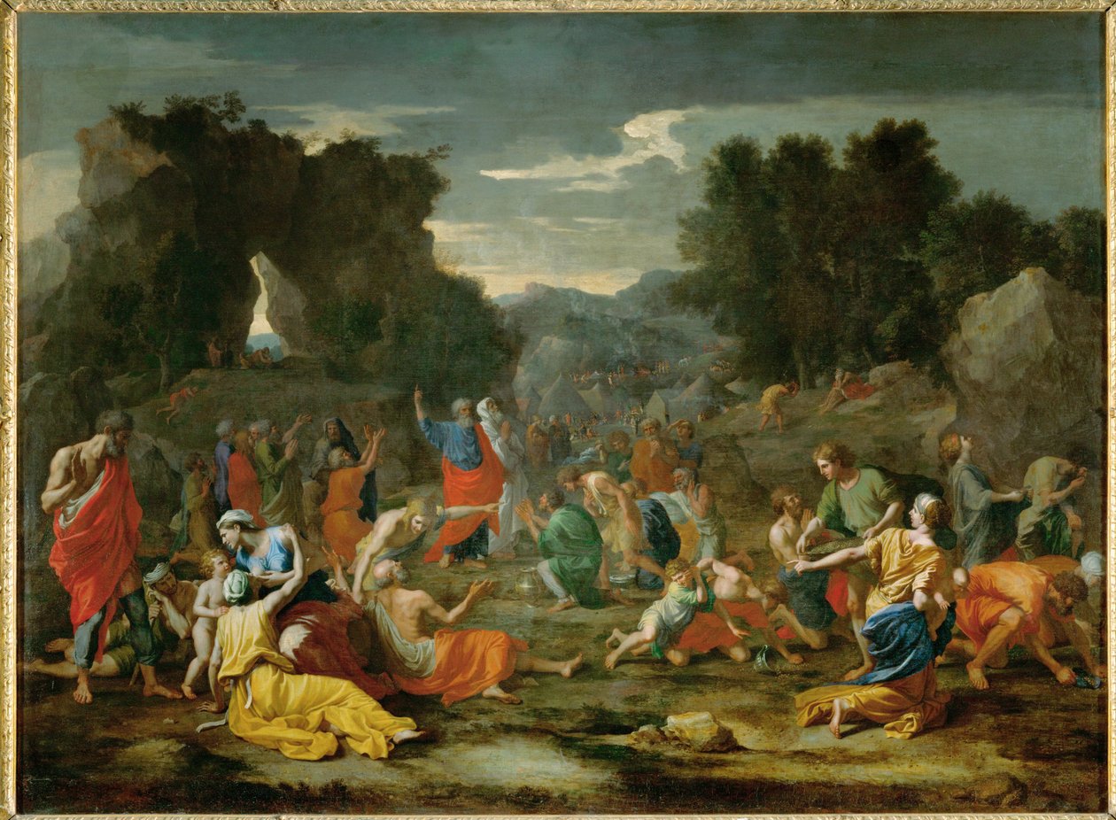 Les Israelites recuillant la manne dans le desert - israeliterna samlar manna i öknen ... av Nicolas (attr.to) Poussin