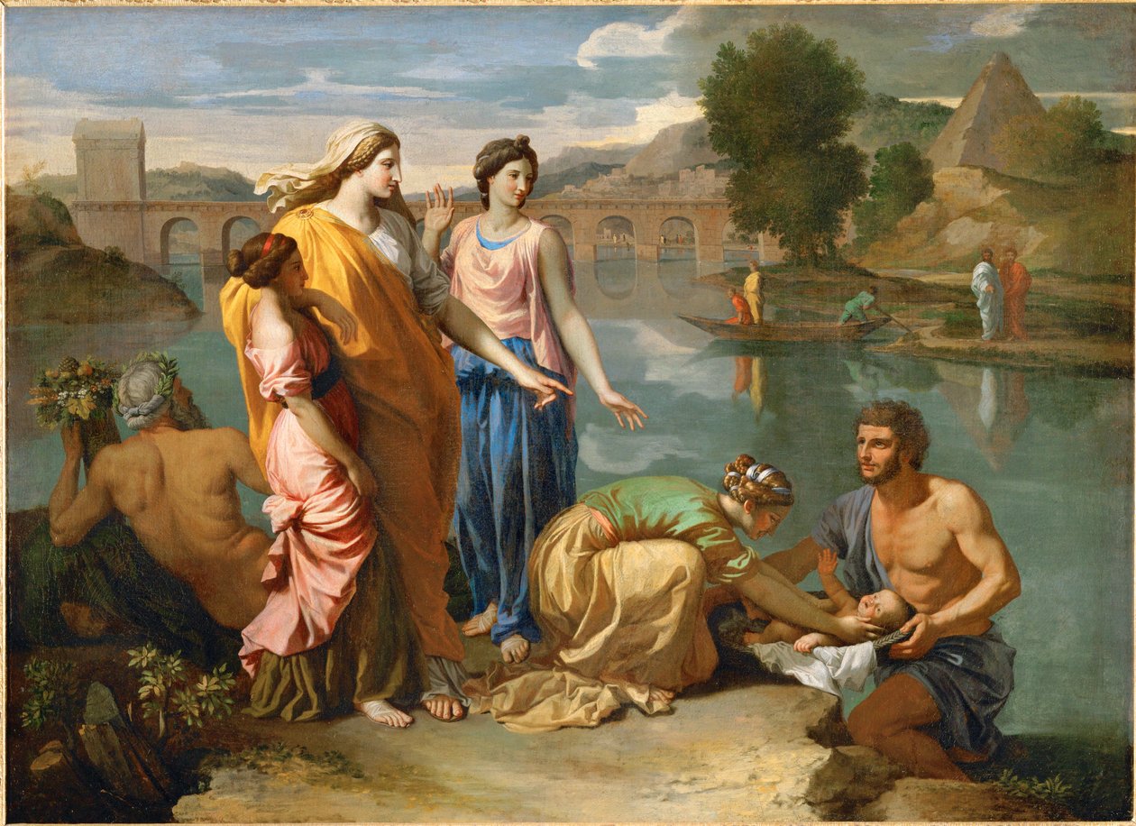 Moses räddas från Nilens översvämningar av Faraos dotter ... av Nicolas (attr.to) Poussin