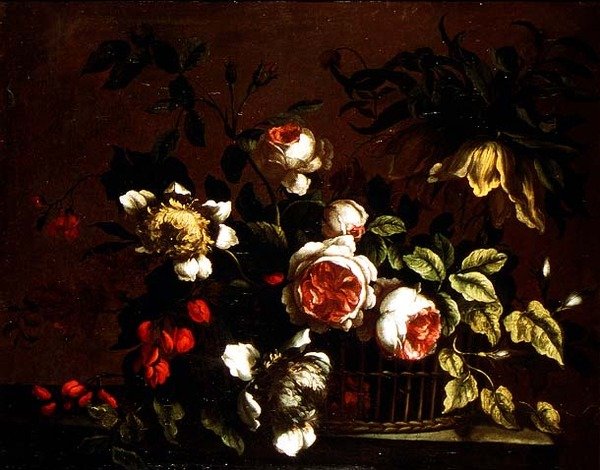 Rosor, pioner och andra blommor på en avsats av Nicolas (circle of) Baudesson