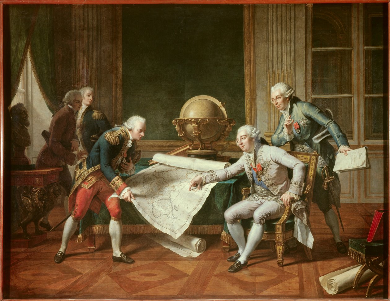 Kungen av Frankrike Ludvig XVI (1754-1793) ger instruktioner till kapten Jean-Francois Galaup, jarl av La Perouse (Jean Francois Laperouse av Nicolas Andre Monsiau