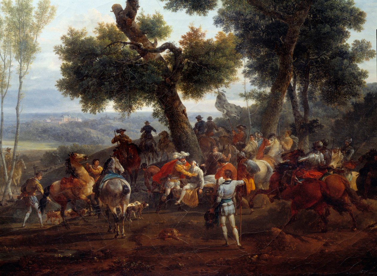 Religionskriget: "" Mötet mellan kungen av Frankrike Henri IV (1553-1610) och Sully efter slaget vid Ivry 1590"" Slaget vid Ivry den 14/03/1590 såg den kungliga arméns seger mot katolska förbundet. Maximilian av Bethune, hertig av Sully (1 av Nicolas Antoine Taunay