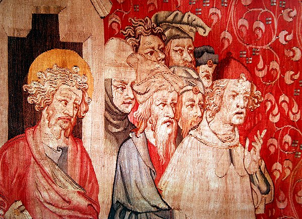 Detalj av män som lyssnar på ängeln som förutsäger deras tortyr, från "The Apocalypse of Angers", 1373-87 av Nicolas Bataille