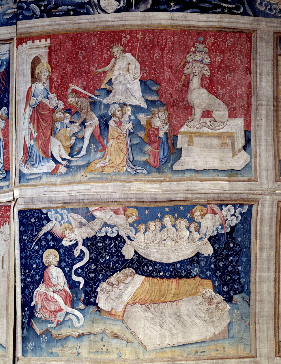 Uppenbarelseupphängning (1373-1383). N. 44 hög: Bete har sju huvuden. N. 51 låg: De rättfärdigas sömn. Tapet av Nicolas Bataille (1330-1405). av Nicolas Bataille