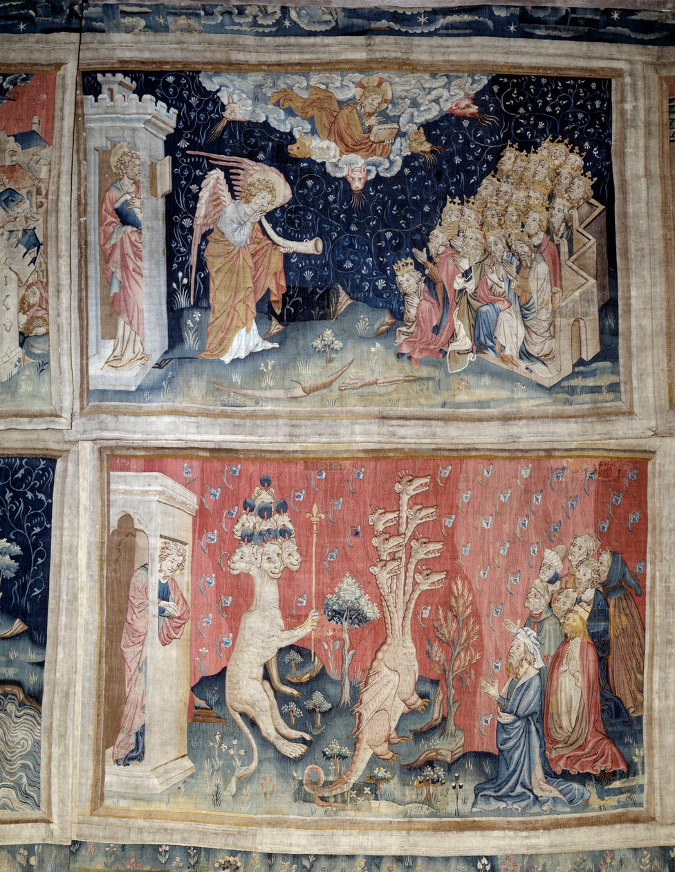 Upphängning av uppenbarelse (1373-1383), n. 24: den sjunde trumpeten. N. 39: Tillbedjan av draken. Gobeläng av Nicolas Bataille (1330-1405) av Nicolas Bataille