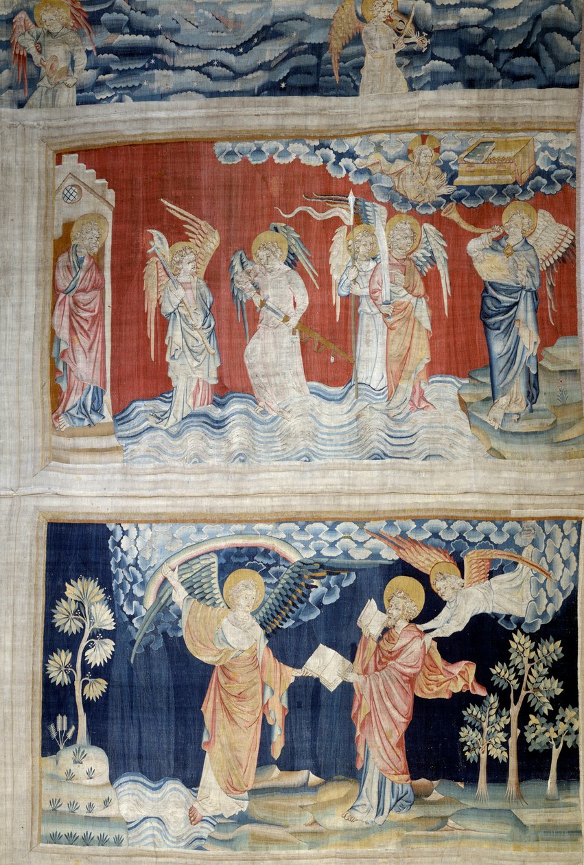Upphängning av uppenbarelse (1373-1383), n. 25: den sjätte basunen, Eufrats änglar. Nedan, n. 28 överlämnar ängeln boken till Saint John som äter den. Gobeläng av Nicolas Bataille (1330-1405) av Nicolas Bataille