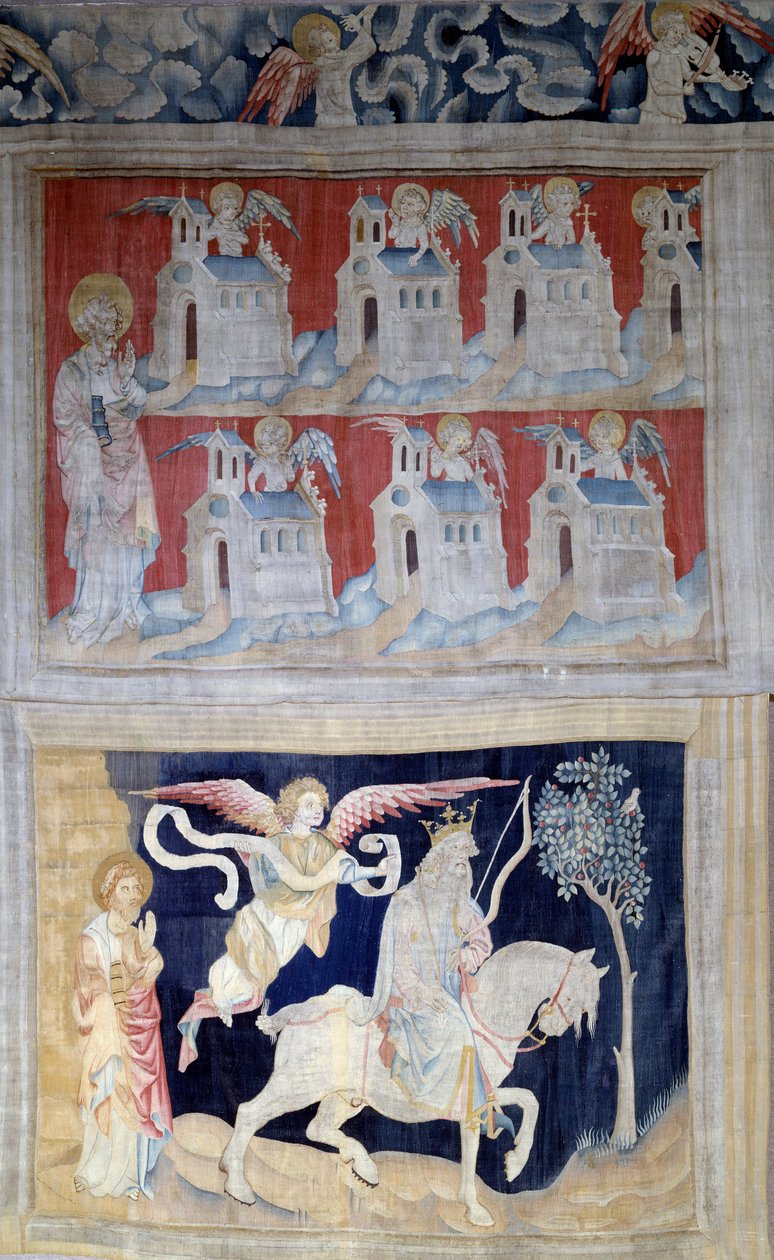 Upphängning av uppenbarelse (1373-1383), n. 28: Saint John a Patmos och de sju kyrkorna i Asien och nedanför. Första sigill: Vinnaren med den vita hästen. Gobeläng av Nicolas Bataille (1330-1405) av Nicolas Bataille