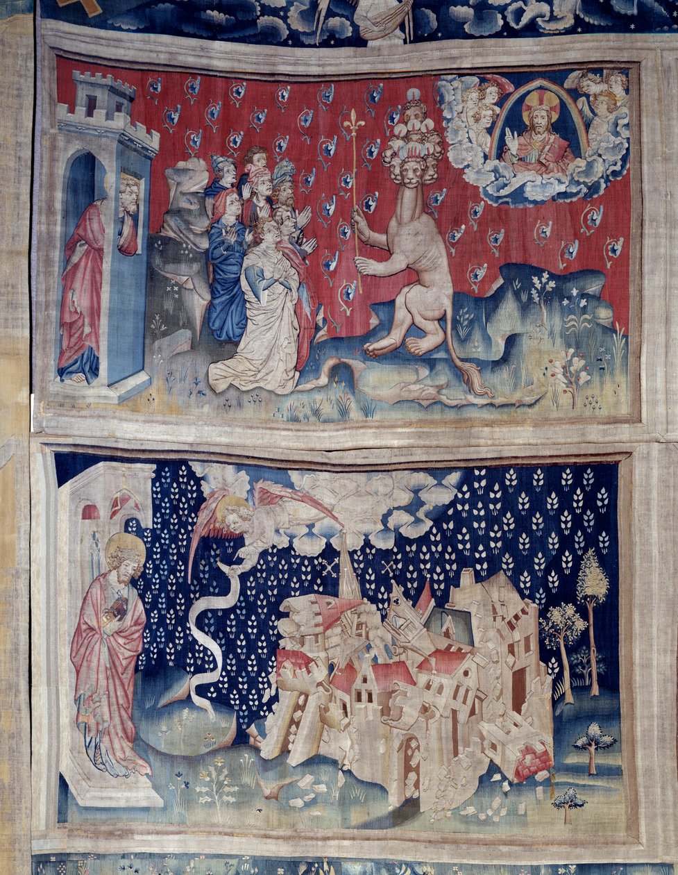 Upphängning av uppenbarelse (1373-1383), n. 42: Tillbedjan av Beten (?). N. 49: Babylons fall. Gobeläng av Nicolas Bataille (1330-1405) av Nicolas Bataille