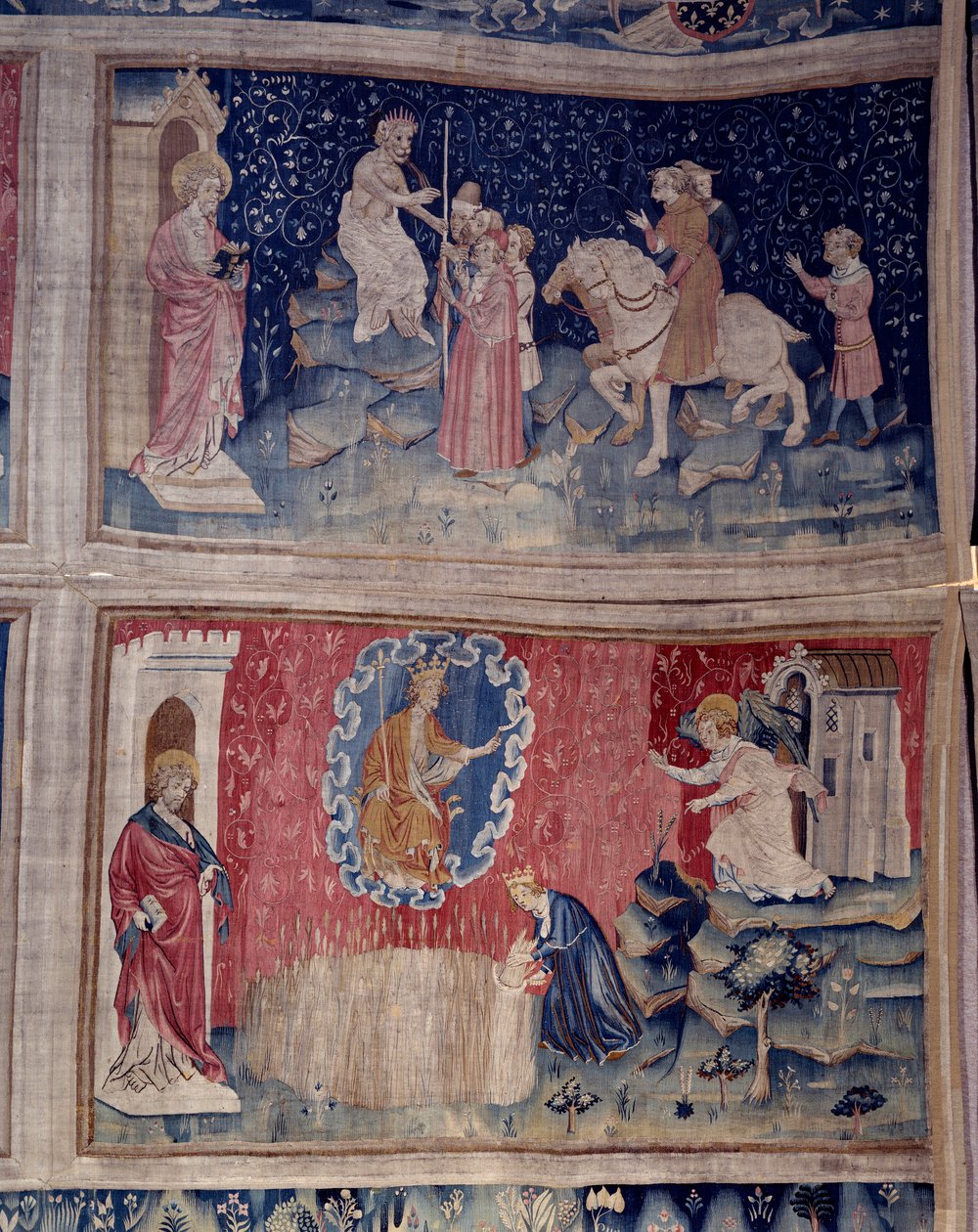 Uppenbarelseupphängning (1373-1383), n. 46: Beten ger sitt nummer till alla: 666. Nedan, n. 53, skörden av de valda. Gobeläng av Nicolas Bataille (1330-1405) av Nicolas Bataille