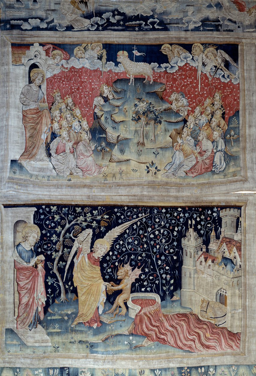 Upphängning av uppenbarelse (1373-1383), n. 47: Lammet på Sions berg. Nedan, n. 55, Ängeln plockar upp jordens vinstock, som hällde ut i Guds vredes stora kärl, kärlet svämmar över och blodet återgår. Gobeläng av Nicolas Bataille (1330-1405) av Nicolas Bataille