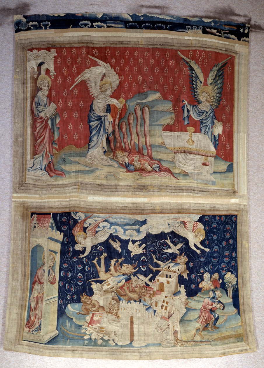 Upphängning av uppenbarelse (1373-1383), n. 59: den andra och tredje flaskan strömmar över havet och vattnet. Nedervåningen, n. 66, Babylon invaderas av demoner. Gobeläng av Nicolas Bataille (1330-1405) av Nicolas Bataille