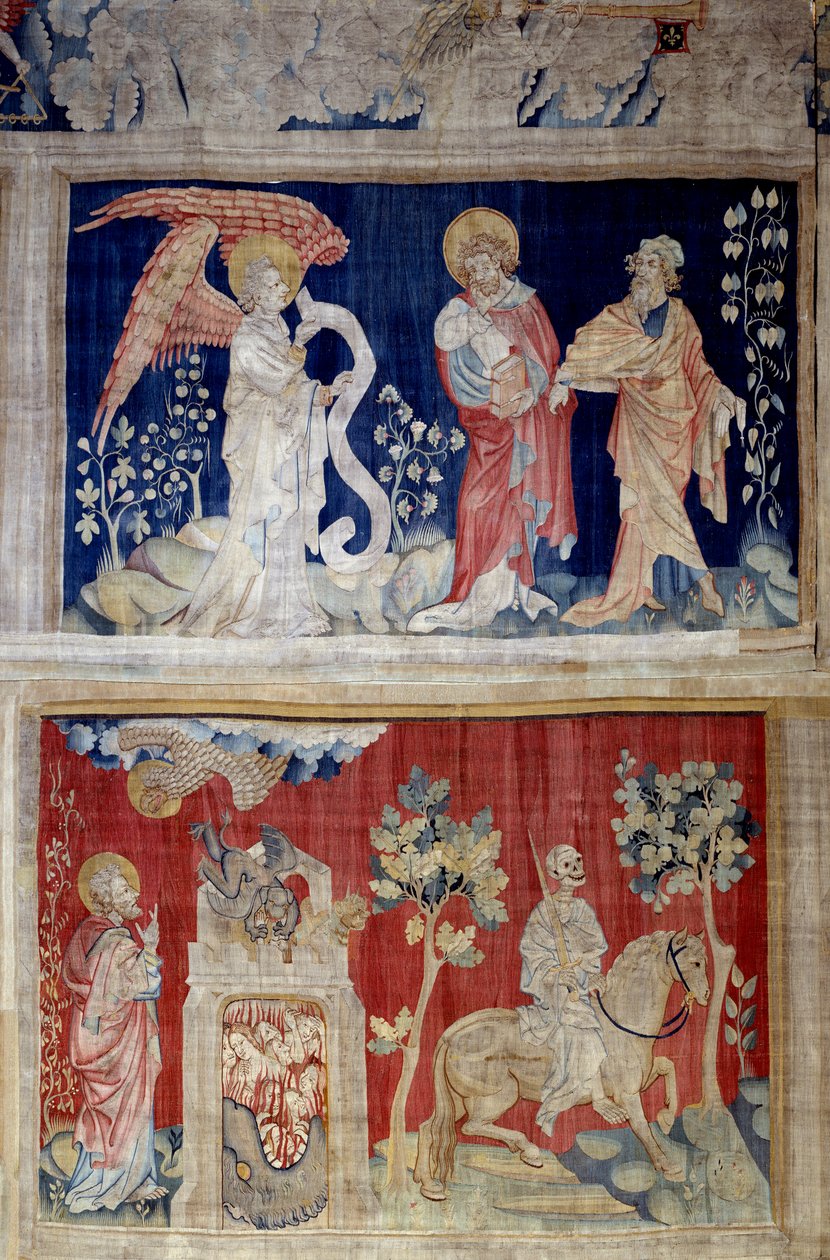 Hanging of Revelation (1373 -1383), nr 6 och nr 10: nr 6 hög: Johannes gråter för att han inte kan öppna boken, en gammal man konsolen; Nr 10 låg: Döden lämnar en plats av lidande bakom sig). Gobeläng av Nicolas Bataille (1330-1405) av Nicolas Bataille