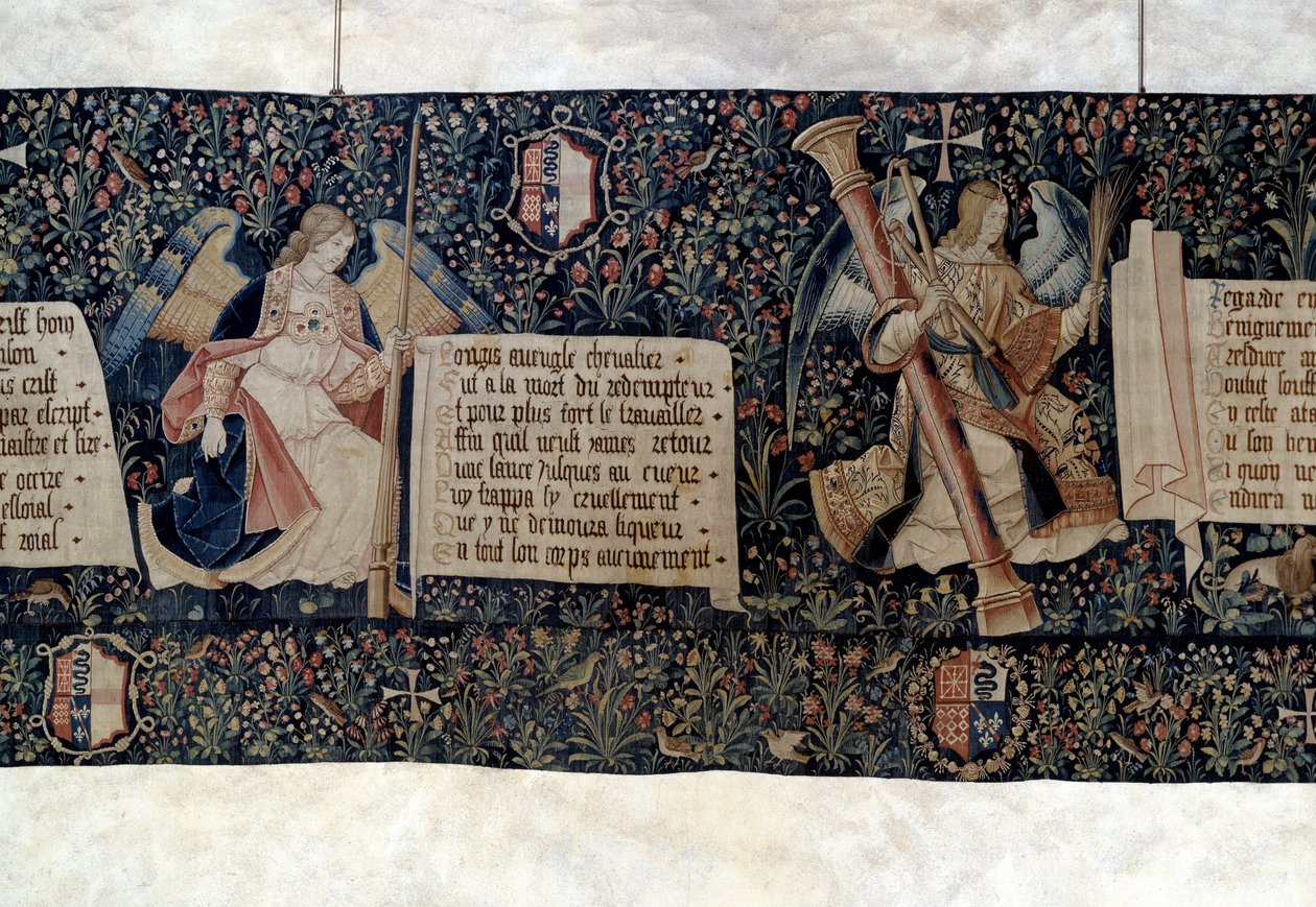 Upphängning av uppenbarelsen (1373-1383), änglar som bär instrument av passionen. Gobeläng av Nicolas Bataille (1330-1405) av Nicolas Bataille