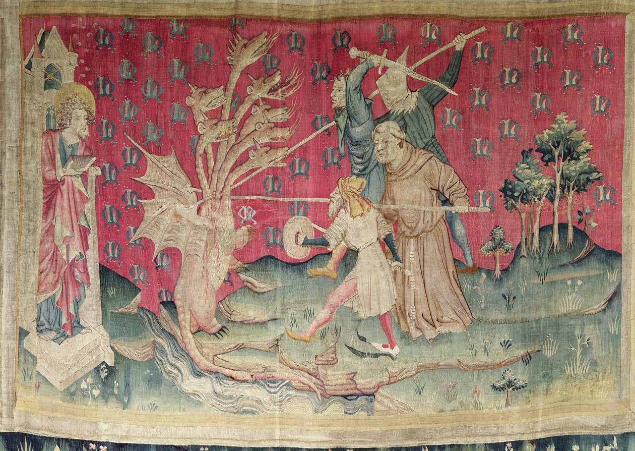 Draken som slåss med Guds tjänare, nej. 39 från "Apocalypse of Angers", 1373-87 (gobeläng) av Nicolas Bataille