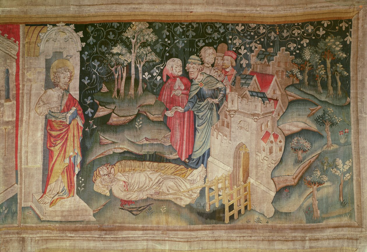 Människans glädje efter de två vittnenas död, nr. 32 från The Apocalypse of Angers, 1373-87 av Nicolas Bataille