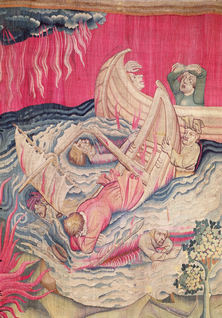 The Second Trumpet and the Shipwreck, detalj av de sjunkande skeppen, nummer 21 från The Apocalypse of Angers, 1373-87 gobeläng av Nicolas Bataille