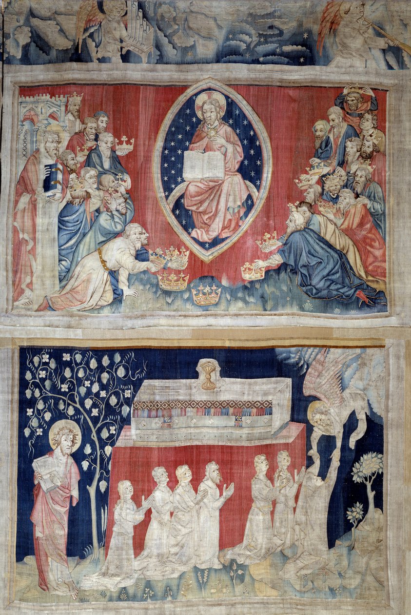 Uppenbarelsens ridå (1373-1383), n. 5: de åldringar lägger sig fram för Kristus i majestät (Jesus Kristus i härlighet är representerad inuti en mandorla). N. 11: martyrernas själar. Gobeläng av Nicolas Bataille (1330-1405) av Nicolas Bataille