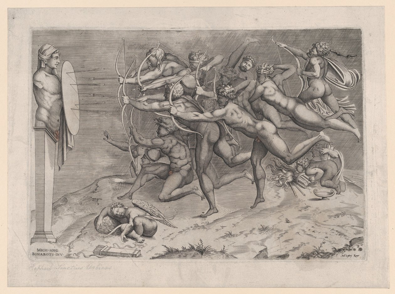 Nakna bågskyttar som skjuter mot ett mål fäst vid en herm, Amor sover nedanför, ev..., ca. 1540-60. av Nicolas Beatrizet