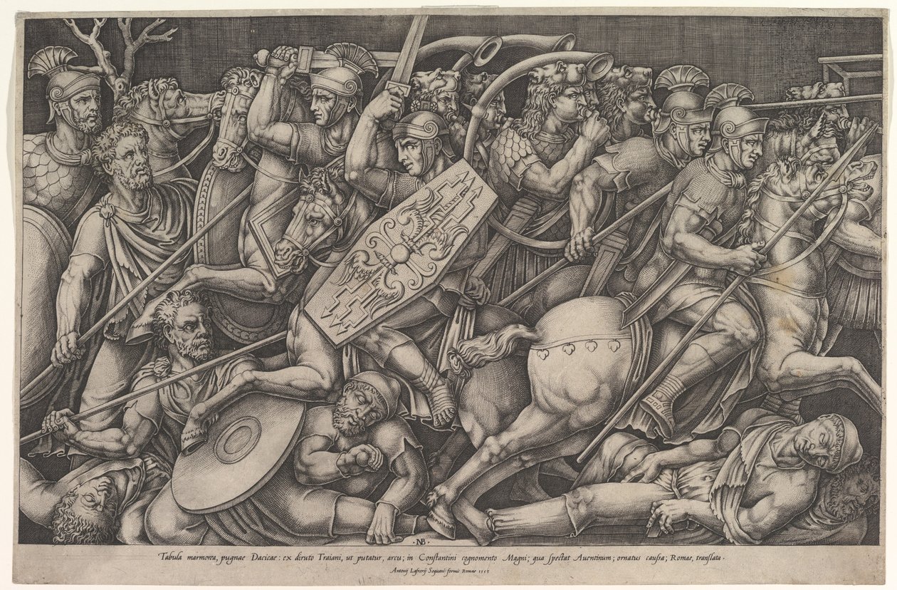 Romerska soldater som slåss mot Dacians, stridsscen på grunt djup med hästar och hor..., 1553. av Nicolas Beatrizet