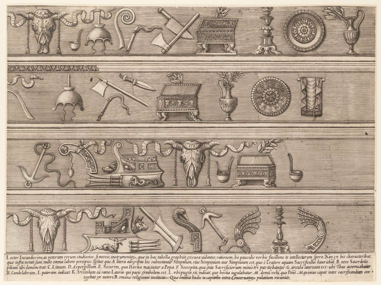 Mirror of Roman Magnificence: Sacrificial Instruments Based on Ancient Relief Sc..., ca. 1550-75. av Nicolas Beatrizet.