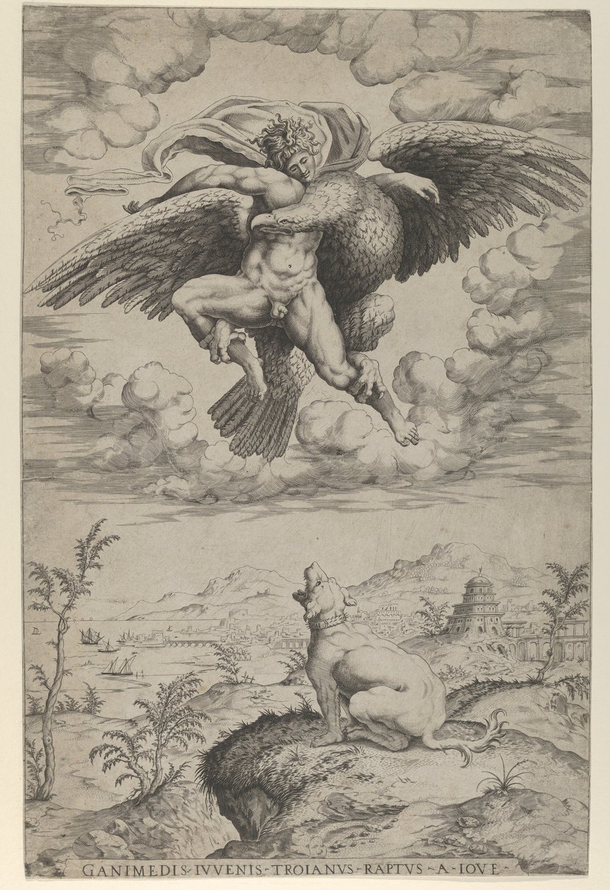 Ganymedes våldtäkt av Jupiter i skepnad av en örn som bär honom till himlen, hej..., 1542. av Nicolas Beatrizet