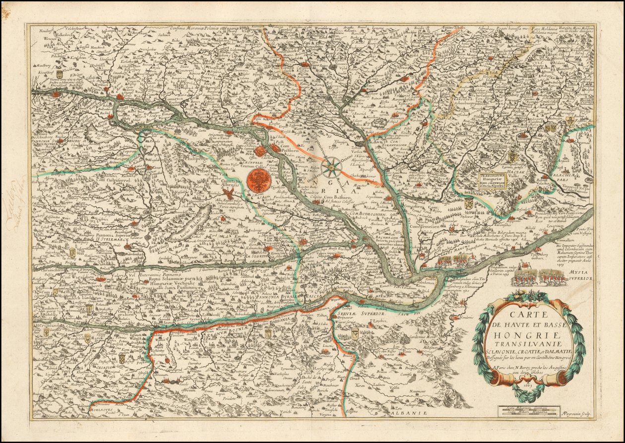 1663 års karta över Övre och Nedre Ungern, Transilvanien, Slovenien, Kroatien och Dalmatien, utgiven av Nicolas Berey av Nicolas Berey