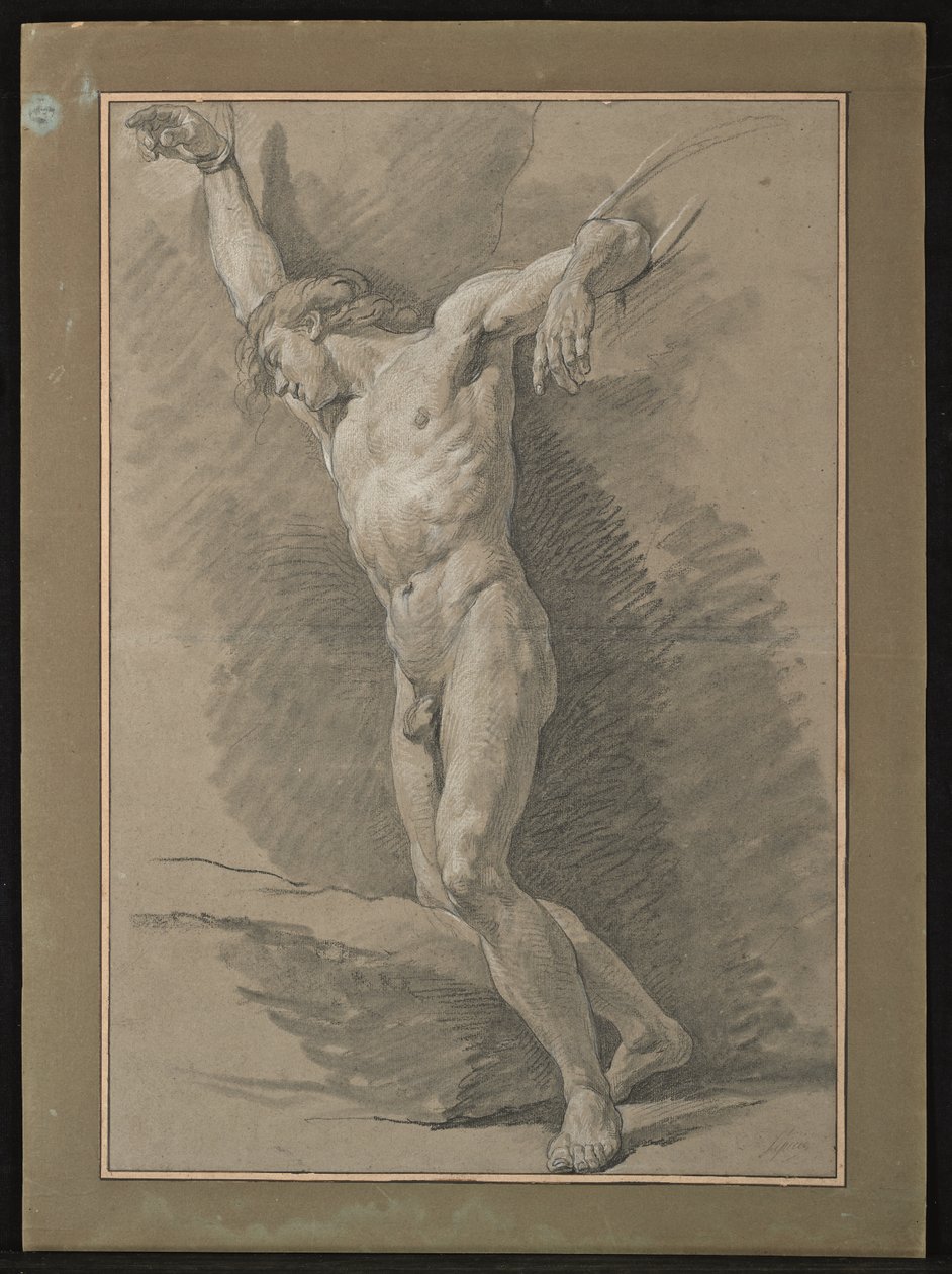 Academy of naken man, armar bundna av rep (svartvit krita på grått papper) av Nicolas Bernard Lepicie
